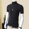 Camiseta 100% Algodão Masculina, Gola Meia-Alta, Manga Curta, Tendência Slim Fit, Camiseta Básica de Seda Gelada Lisa com Gola Média e Manga Curta