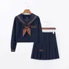Fabricante original JK uniforme traje de marinheiro azul marinho pena de chá manga longa saia plissada estilo preppy doce conjunto atacado