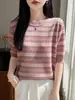 Camiseta de punto Tencel con rayas florales y cuello redondo, nueva para el verano 2026, para mujer, delgada, corta, holgada, de manga corta