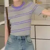 Top de Malha Curto Listrado com Gola Redonda Estiloso Único Chique Garota Popular Ombro Normal Manga Curta Camiseta Moda Verão Feminina