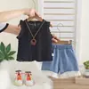 Ropa Linda para Niñas 2026 Nuevo Comercio Exterior Verano Sin Mangas Collar Hueco Encaje de Niña Shorts de Mezclilla Conjunto de Dos Piezas