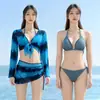 Traje de baño tipo bikini de manga larga con protección solar, ligeramente personalizado, con abertura, para mujer, para playa, parque acuático, traje de baño de alta gama, estampado de logotipo