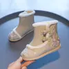 Terciopelo de Invierno Estilo Étnico para Mujer Niñas Zapatos de Tela del Viejo Pekín Zapatos de Algodón Botas Bordadas Hanfu Botas de Tobillo para la Nieve