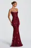 Vestido de Gala Embelezado com Flores Feminino de Alta Qualidade para Banquete Vestido com Alça Fina Ajustado ao Corpo Costas Abertas Estilo Francês Cor Sólida Longo