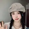 Novo Boina Artística Listrada de Algodão e Linho Estilo Japonês para Mulheres, Boina Newsboy Emagrecedora para Primavera e Verão, Tendência de Chapéu de Pintor Retrô
