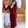 Vestido de Punto 2025 para Mujer en Otoño e Invierno, Suéter Ajustado de Cuello en V, Falda Larga Base para Mujer