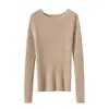 Top quente 100% cashmere puro, gola redonda, malha canelada, base justa, suéter feminino