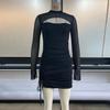 Vestido de verano con espejo cruzado estilo europeo y americano, nuevo estilo, de malla, sexy, de manga larga, cuello redondo, falda ajustada a la cadera, SU2894