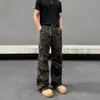 Jeans camuflados estilo americano lavados y desgastados para hombre y mujer, pierna recta, plisados, multibolsillos, casuales, holgados, pierna ancha, pantalones hasta el suelo