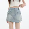 Mini Saia Jeans Feminina de Verão Nova Anti-exposição Versátil com Forro Interno Roupa de Trabalho Modeladora Justa ao Corpo Mini Saia Evasê Skort