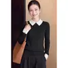 Suéter de Punto con Cuello de Color Contrastante de Moda para Mujer Otoño Invierno Adelgazante Manga Larga Capa Interior Superior Negro Camisa Versátil de Capa Base