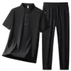 Conjunto de Dos Piezas para Hombre de Verano: Camisa Polo de Manga Corta Transpirable de Seda de Hielo y Pantalones Largos para Deportes y Ocio Juvenil, Transpirable de Seda de Hielo