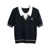 Elegante Diseño Falso de Dos Piezas Cuello Camisero Manga Corta Top de Punto para Mujer, Principios de Primavera 2026 Nuevo de Moda Versátil Top Azul Marino