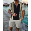 Comercio Transfronterizo Moda Tallas Grandes Cremallera Malla Camisa Polo Traje Impresión Digital 3D Ajustado Conjunto de Dos Piezas para Hombre