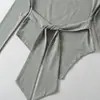 Atacado de Roupas Femininas Transfronteiriças Estilo Europeu e Americano Novas Camisetas Casuais de Manga Longa com Cordões para Apertar a Cintura e Efeito Emagrecedor Camisetas Assimétricas de Manga Longa