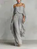 Conjunto de Pantalones de Pierna Ancha sin Tirantes, Hombros Descubiertos, Chifón Gris, Estilo Nuevo Transfronterizo Europeo y Americano para Mujer, Moderno Diseño Irregular