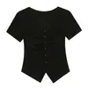 Camiseta de manga corta con cuello en V y costuras plisadas para mujer, prenda elegante y adelgazante que combina con todo, estilo verano 2025