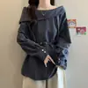 2026 Nuevo Top Elegante y con Estilo con Cinturón para Ceñir la Cintura y Diseño de Hombros Descubiertos, Camisa de Manga Larga a Rayas de Moda para Principios de Otoño