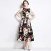 Vestido feminino de primavera e verão 2024 Novo elegante cintura fina estampa cor contrastante vestido sem mangas colete