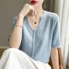 Renda Crochê Manga Curta Tencel Decote Em V Cardigan De Malha Camiseta Feminina Verão Novo Meia Manga Solta Top Fino