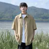 Nasa sobre Camisa de Manga Corta de Seda Negra para Hombre, Verano Delgada Holgada de Media Manga Casual Chaqueta Camisa de Trabajo