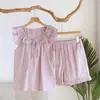 Pijama Curto de Gaze de Algodão Puro com Manga Curta para Mulheres, Doce Laço de Renda Conjunto de Roupa de Casa Fina de Algodão para Verão