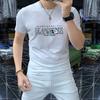 Camiseta masculina europeia da moda bordada de manga curta gola redonda top de algodão mercerizado confortável respirável masculina de meia manga slim fit