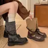 Hebilla de Cinturón de Chica Popular Europea y Americana 2026, Botas Vaqueras Desgastadas para Mujer, Botas de Caballero Fruncidas, Botas Largas de Bloques de Color Adelgazantes, Botas Altas para Mujer