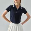Camiseta Esportiva de Manga Curta com Lapela e Meio Zíper para Mulheres Verão Nude Slim Fitness Camiseta Cor Contrastante Alta Elasticidade Roupa de Yoga Top