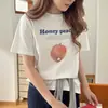Camiseta de manga corta para mujer con estampado de manzana americana estilo coreano, algodón 100% pesado para verano, hombro normal, corte holgado, top casual