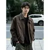 Jaqueta Bloco de Cor Xadrez Cor de Café Masculina Outono Americana Harrington Jaqueta Workwear Street Style High Street Top Cool com Ombro Reto