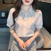 Camisa de Manga Corta Bordada Estilo Coreano para Mujer, Mangas Abullonadas Populares, Cuello de Muñeca, Top Francés Moderno, Nicho Ligero y Sofisticado