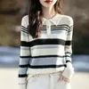 Elegante y sofisticado suéter de punto con cuello de ganchillo y diseño a rayas, de manga larga, adelgazante, versátil y cálido abrigo para mujer, estilo nuevo