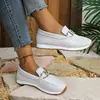 Mocassins com Fivela de Metal e Malha Femininos Planos Slip-on Sapatos Preguiçosos Respiráveis Leves Casuais Sapatos Únicos