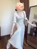 Vestido Cinza Estilo Comuter com Renda Costurada Cadarço Pregueado Manga Longa Decote U para Mulheres Primavera e Outono Cintura Alta Emagrecedor Saia Longa Evasê