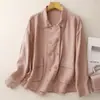 Foto real de abrigo de algodón y lino de doble botonadura para mujer otoño 2026, cárdigan tipo camisa elegante con solapa y manga larga, prenda exterior casual para otoño
