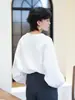 Camisa Blanca de Cuello Redondo con Volantes Estilo Retro Francés de Lino Tencel para Mujer Verano Otoño Estilo Perezoso Holgado D0155