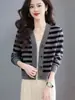 Suéter cárdigan de punto de estilo casual para mujer, nuevo abrigo superior de manga larga para primavera y otoño, a rayas, cuello en V corto con rayas de arcoíris