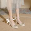 Zapatos de tacón alto con punta cuadrada y tacón grueso para boda, color rojo, con tiras de perlas y tacón medio, Mary Jane, estilo francés, para dama de honor que no cansa los pies.