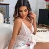 Fábrica de atacado europeu e americano sexy profundo v pijamas de renda see- através backless impresso cinta underwear camisola desgaste da casa