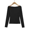 Camiseta Base Elegante Sexy Ombro a Ombro para Mulheres com Decote Canoa, Camiseta Simples Versátil de Manga Comprida, Top Ombro a Ombro com Cintura Marcada