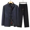 Traje Tang Masculino 2026 Primavera/Outono Novo Estilo Meia-Idade e Idosos Bordado Padrão Dragão Botão de Rã Jaqueta Conjunto Estilo Chinês Aniversário Casamento