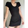 Vestido Corto Ajustado Dulce y Picante para Mujer, Estilo Verano, Vestido Bodycon con Cintura Acanalada que Ceñe la Figura, Cuello en U y Diseño que Moldea la Cadera
