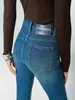 Jeans feminino índigo estilo vintage/stretch em 4 direções, micro-flare, cintura alta, levanta bumbum, caimento justo, modelo novo para início de outono 26, afina a silhueta
