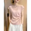Top Rosa de Manga Curta com Cordão Estilo Francês de Alta Qualidade com Decote V para Mulheres, Novo Verão 2026 Elegante Versátil Ajustado ao Corpo Blusa