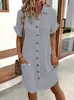 2025 Aliexpress Wish Amazon Verano Caliente Vestido Sencillo de Cuello en V con Botones de Color Puro para Mujer Ropa para Mujer de Exportación