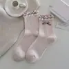Meias rosa fofas femininas de cano médio estilo menina sem costura de algodão coração de desenho animado personalidade de vídeo meias longas para primavera e outono