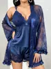 Lencería sexy europea y americana transfronteriza de talla grande, conjunto de bata de encaje transparente, se puede usar como ropa exterior, un artículo de gran venta para exportación