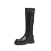 Botas de cavaleiro estilo britânico com sola grossa, bico redondo, salto grosso de 5,5 cm, fivela quadrada de metal lateral, botas femininas longas texturizadas