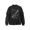 Camiseta de manga larga de dos piezas lavada y desgastada, holgada y casual, algodón puro, cuello redondo, colección de primavera y otoño para hombre, con un sutil estampado de mariposa